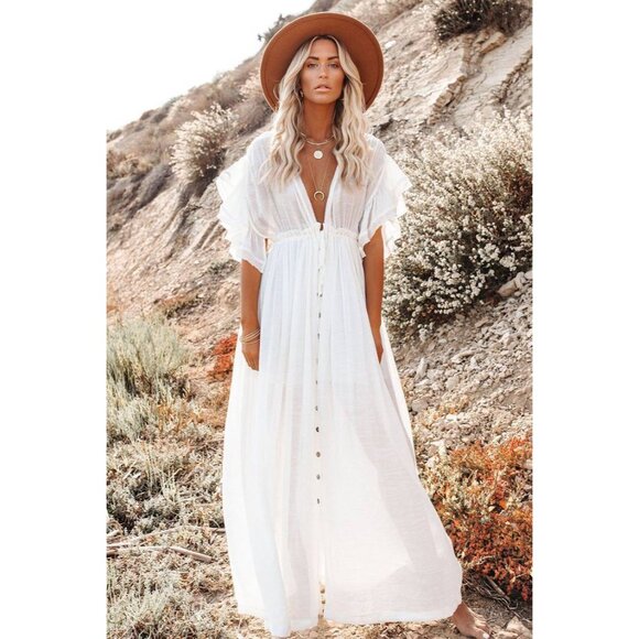 NWT Peach Love S/M Ivory Plunge Drawstring Backless Ruffled Cover Up Dress Maxi - Picture 1 of 16